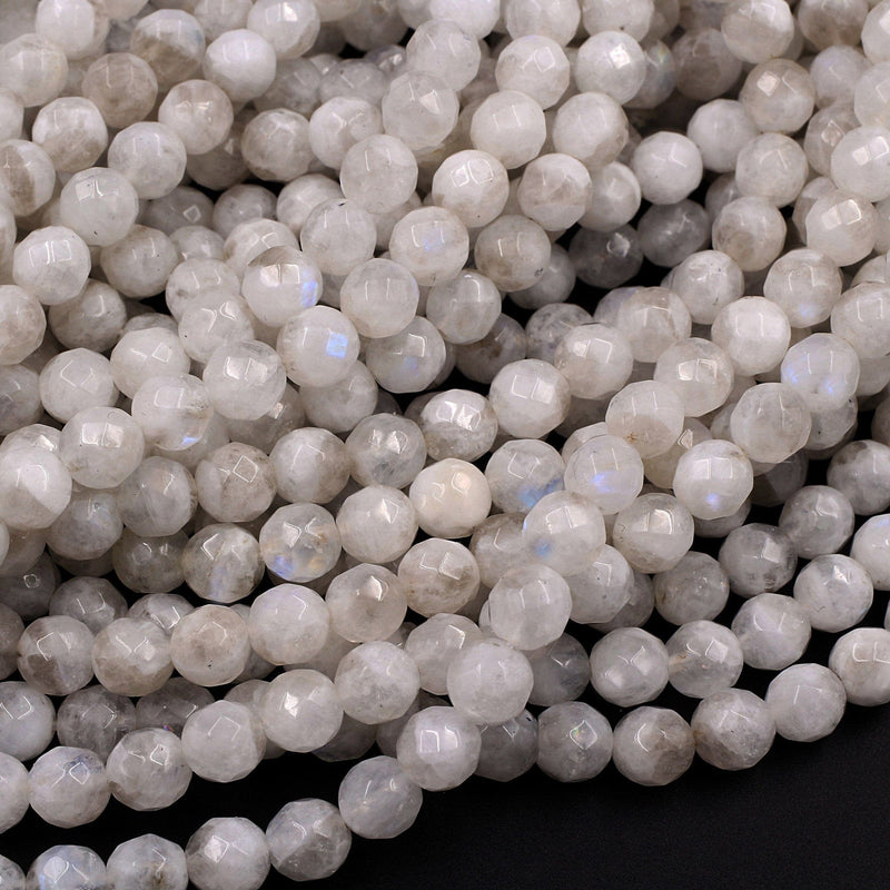 Faceted Natural Rainbow Moonstone 6mm 8mm 10mm Round Beads Blue Flashes W Interesting Smoky Quartz Matrix 16" Strand