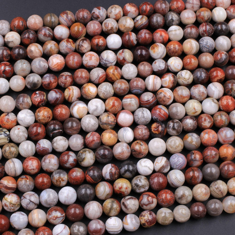Natural Laguna Lace Agate 4mm 6mm 8mm 10mm Round Red Orange Cream Grey Beads From Mexico 16" Strand