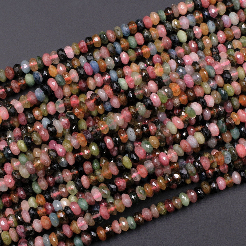 Natural Multicolor Tourmaline Micro Faceted Rondelle 5mm Pink Green Blue Orange Cognac Beads 16" Strand