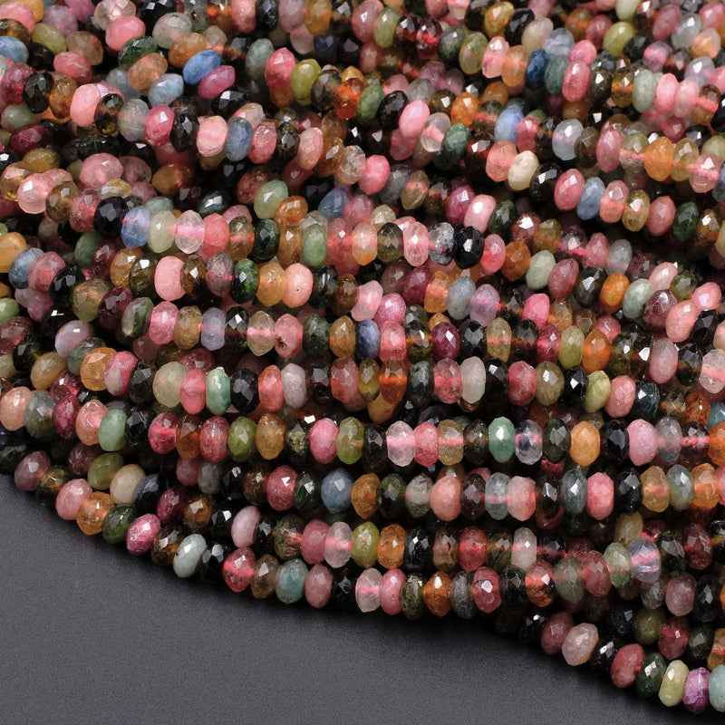 Natural Multicolor Tourmaline Micro Faceted Rondelle 5mm Pink Green Blue Orange Cognac Beads 16" Strand