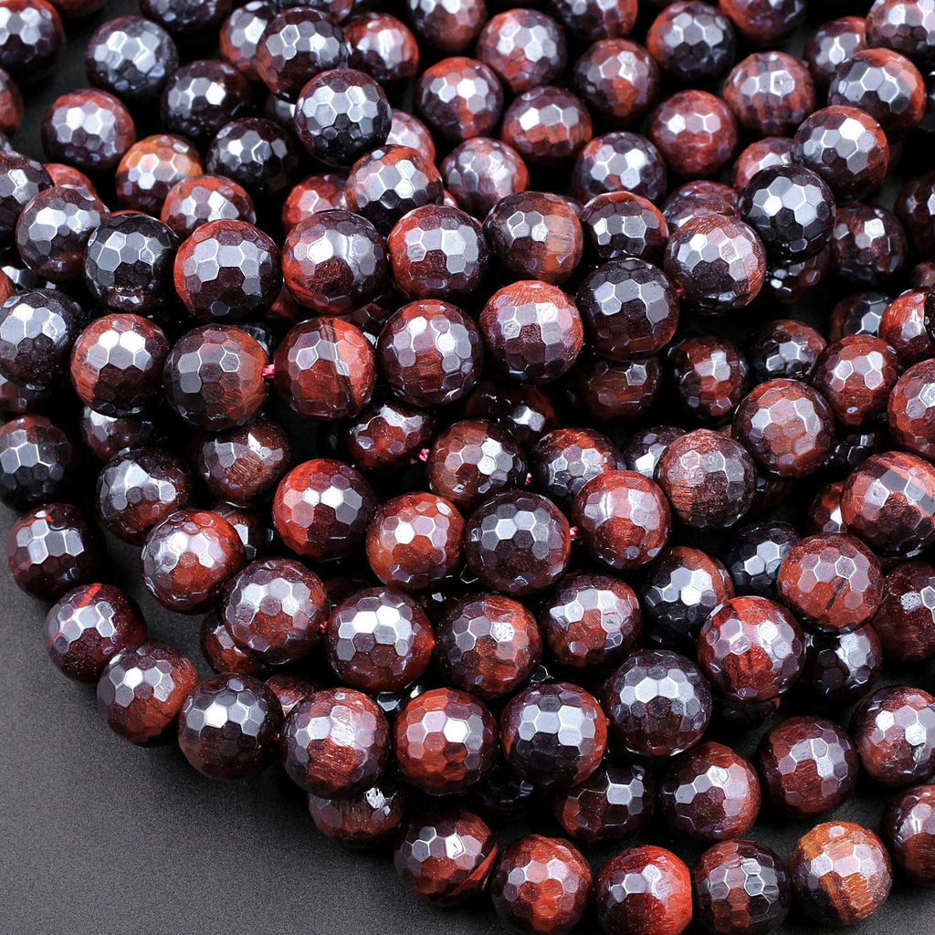 AAA Natural Mystic Red Tiger Eye Faceted 4mm 6mm 8mm 10mm Round Beads Silverite AB Coated Gemstone 16" Strand