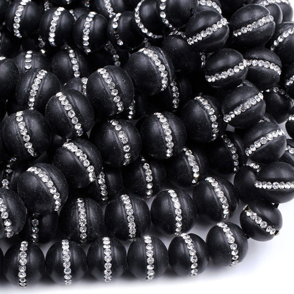 Natural Black Onyx 12mm 14mm Round Beads High Quality Natural Black Gemstones with Sparkling Rhinestone Inlay 16" Strand