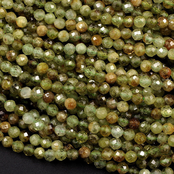 Micro Faceted Natural Green Garnet Round Beads 4mm Faceted Round Beads Laser Diamond Cut Gemstone 16" Strand
