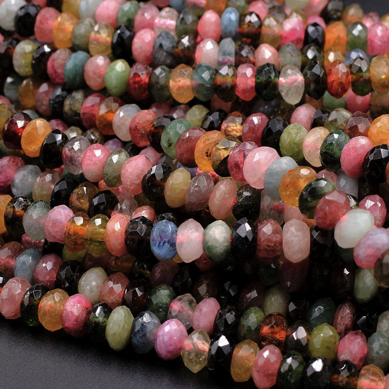 Natural Multicolor Tourmaline Micro Faceted Rondelle 5mm Pink Green Blue Orange Cognac Beads 16" Strand