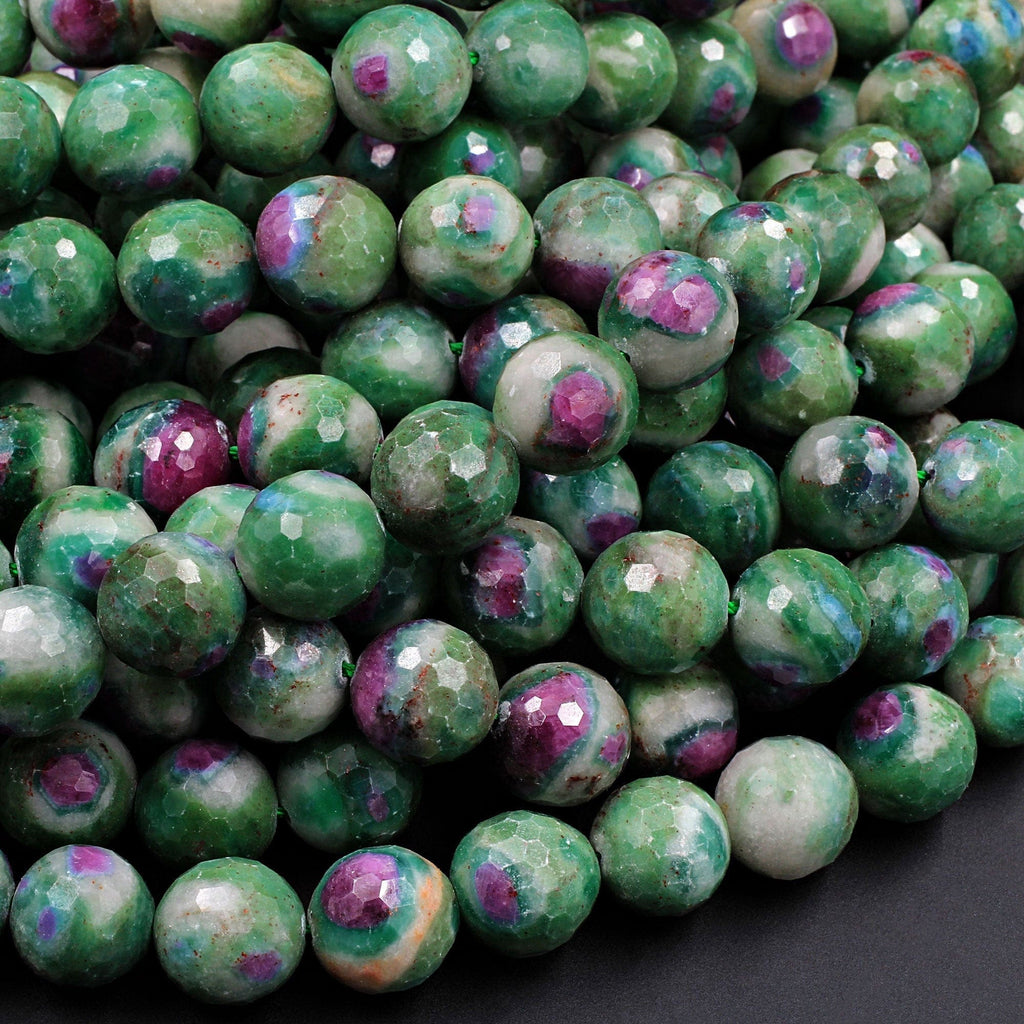 Natural Ruby Fuchsite Large Faceted Round 12mm Red Ruby Green Fuchsite Gemstone Fuschite 16" Strand