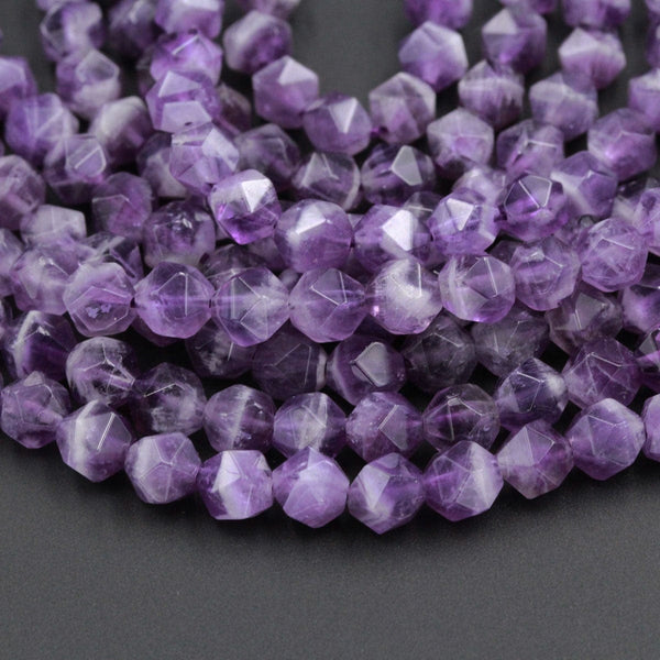 Geometric Cut Star Cut Genuine 100% Natural Amethyst Faceted 6mm Rounded Nugget Beads Strand