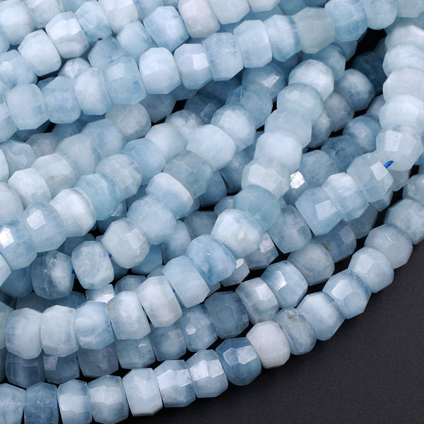 Extra Gemmy Natural Aquamarine Faceted Rondelle 9mm 10mm Beads Sea Blue Color Faceted Saucer Wheel Superior AAA Grade 16" Strand
