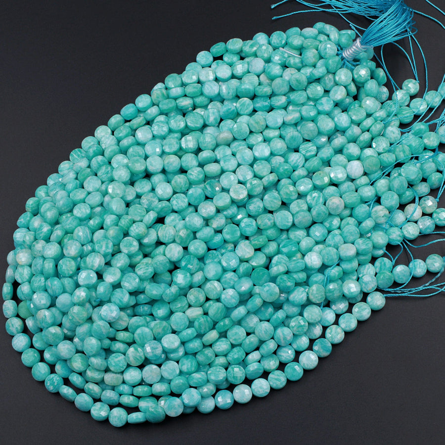 AAA Peruvian Amazonite Faceted Coin Beads 8mm Micro Faceted Stunning Natural Blue Green Laser Diamond Cut Gemstone 16" Strand