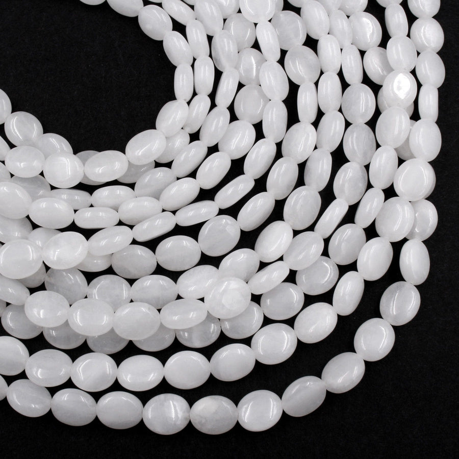 Natural White Jade Oval Beads Pristine Snowy White Jade Gemstone Beads 16" Strand