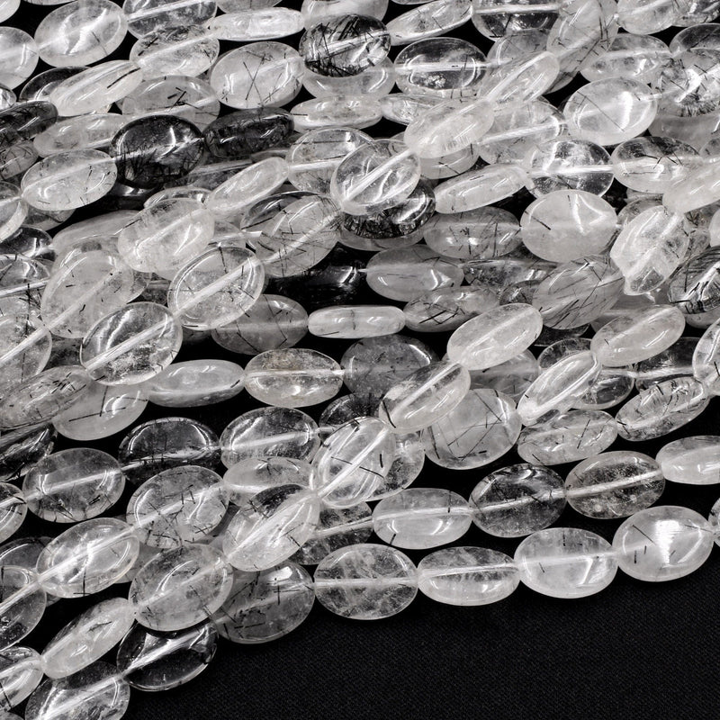 Natural Black Rutilated Quartz Oval Beads 13x10mm 18x13mm Black Tourmaline Rutile Quartz Gemstone Smooth Oval Good For Earrings 16" Strand