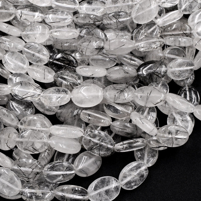 Natural Black Rutilated Quartz Oval Beads 13x10mm 18x13mm Black Tourmaline Rutile Quartz Gemstone Smooth Oval Good For Earrings 16" Strand