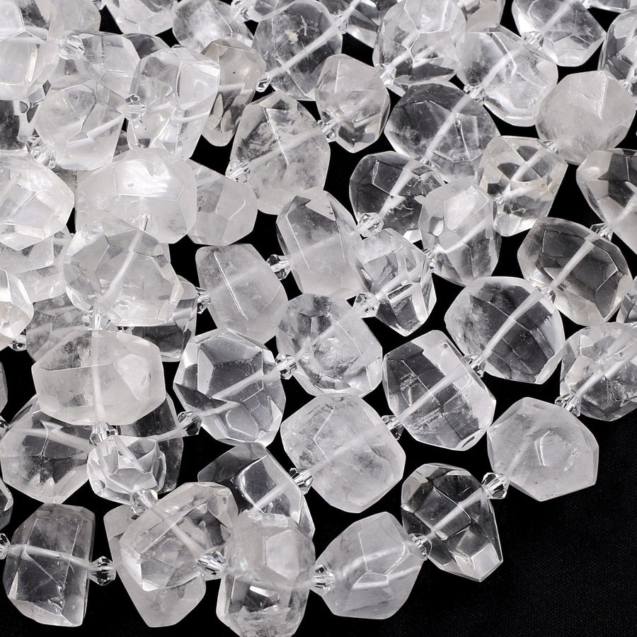 Faceted Natural Rock Quartz Beads Freeform Nugget Clear Sparkling Gemstone 16" Strand
