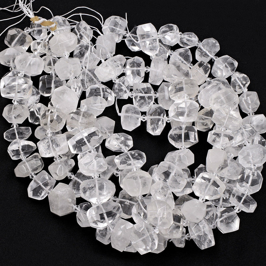 Faceted Natural Rock Quartz Beads Freeform Nugget Clear Sparkling Gemstone 16" Strand