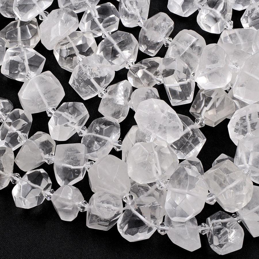 Faceted Natural Rock Quartz Beads Freeform Nugget Clear Sparkling Gemstone 16" Strand