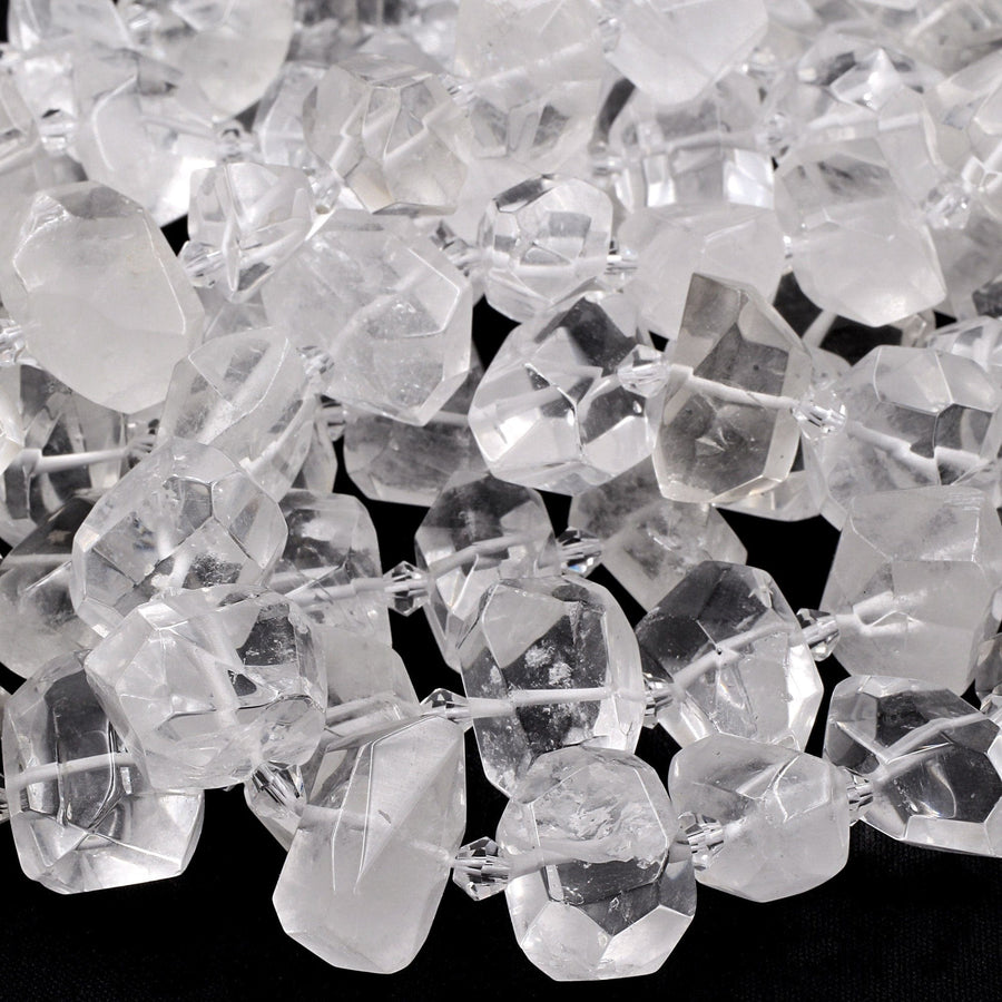 Faceted Natural Rock Quartz Beads Freeform Nugget Clear Sparkling Gemstone 16" Strand