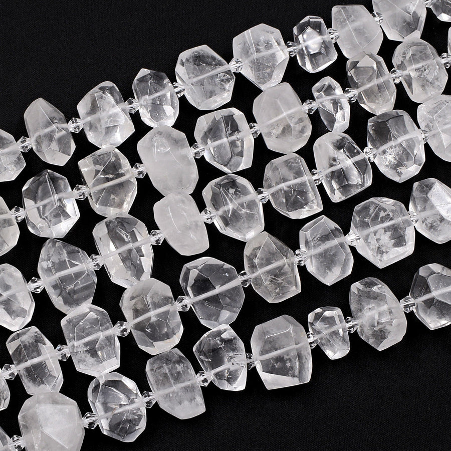 Faceted Natural Rock Quartz Beads Freeform Nugget Clear Sparkling Gemstone 16" Strand