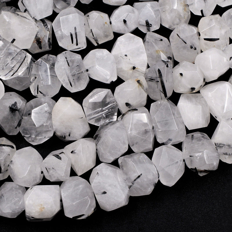 Black Rutilated Quartz Beads Faceted Nuggets 18x13mm Freeform Rectangle Natural Black Tourmaline in Clear Quartz Gemstone 16" Strand