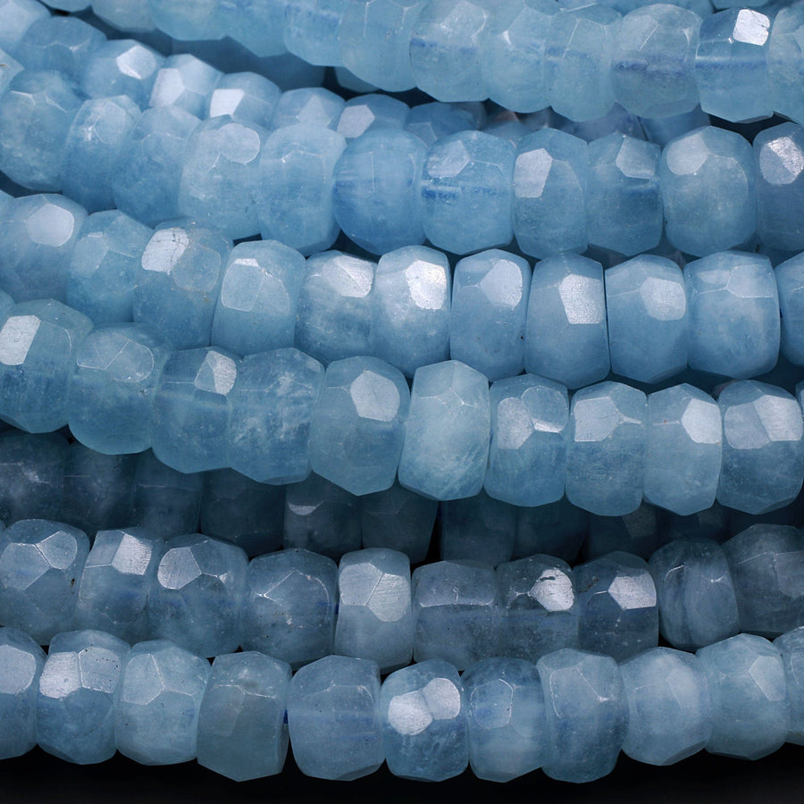 Extra Gemmy Natural Aquamarine Faceted Rondelle 10mm 12mm Beads Sea Blue Color Faceted Saucer Wheel Superior AAA Grade 16" Strand