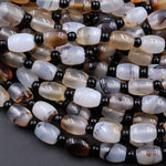 Natural Montana Agate Rounded Cylinder Barrel Drum 10x8mm Highly Polished Amazing Scenic Pattern High Quality Black White Beads 16" Strand