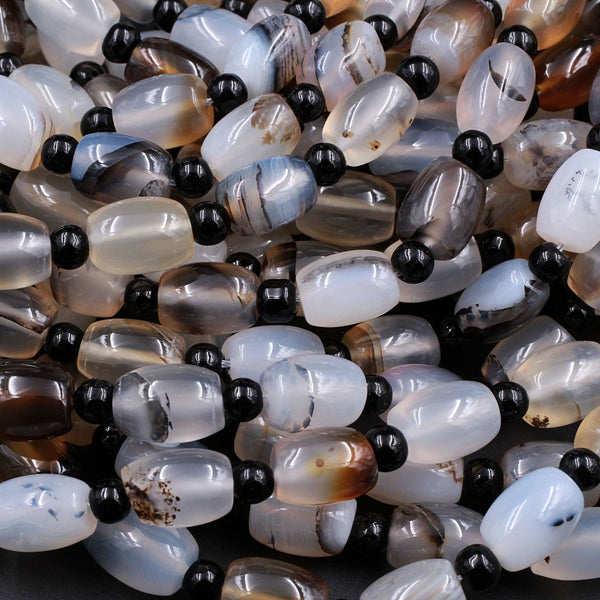 Natural Montana Agate Rounded Cylinder Barrel Drum 10x8mm Highly Polished Amazing Scenic Pattern High Quality Black White Beads 16" Strand