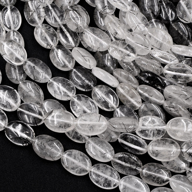 Natural Black Rutilated Quartz Oval Beads 13x10mm 18x13mm Black Tourmaline Rutile Quartz Gemstone Smooth Oval Good For Earrings 16" Strand