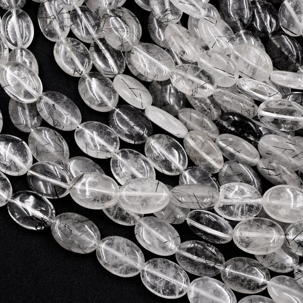 Natural Black Rutilated Quartz Oval Beads 13x10mm 18x13mm Black Tourmaline Rutile Quartz Gemstone Smooth Oval Good For Earrings 16" Strand