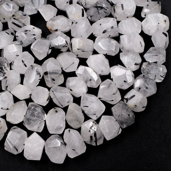Black Rutilated Quartz Beads Faceted Nuggets 18x13mm Freeform Rectangle Natural Black Tourmaline in Clear Quartz Gemstone 16" Strand