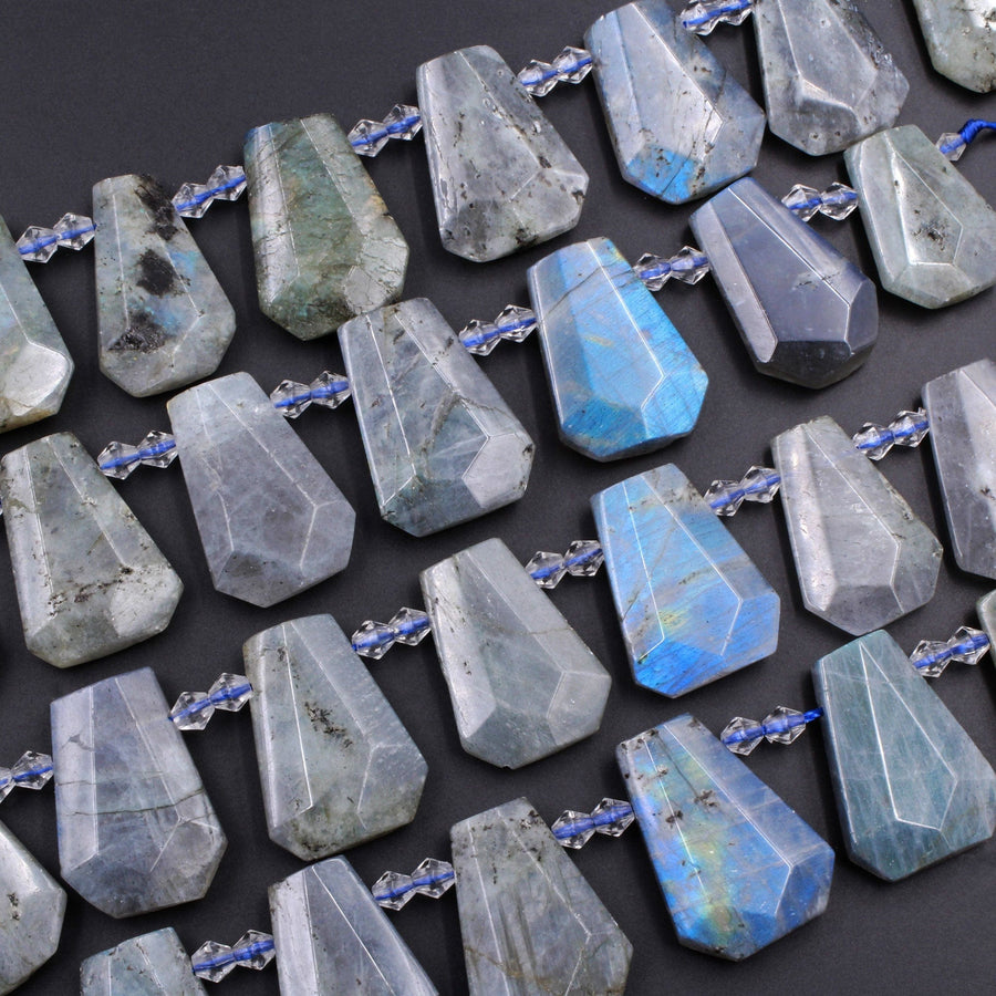 Natural Blue Labradorite Faceted Trapezoid Rectangle Cushion Beads Side Drilled Tapered Teardrop Shape Good for Focal Pendant 16" Strand