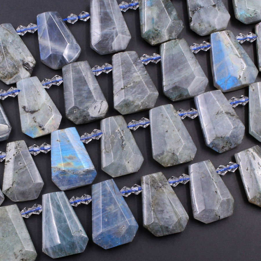 Natural Blue Labradorite Faceted Trapezoid Rectangle Cushion Beads Side Drilled Tapered Teardrop Shape Good for Focal Pendant 16" Strand