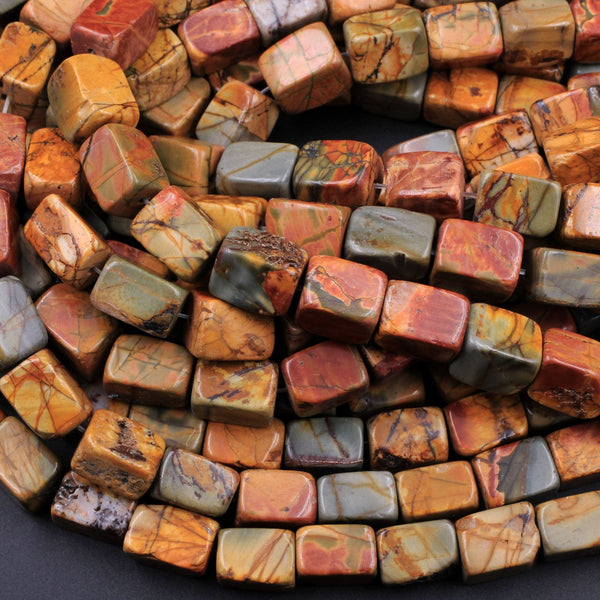 Red Creek Jasper Bead 10x8mm Rectangle Cube Beads Earthy Red Green Yellow Brown Natural Cherry Creek Multicolor Picasso Jasper 16" Strand