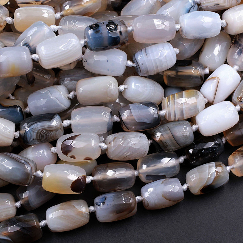 Natural Montana Agate Beads Highly Polished Faceted Barrel Drum Nuggets Amazing Veins Bands High Quality Brown Black White Bead 16" Strand