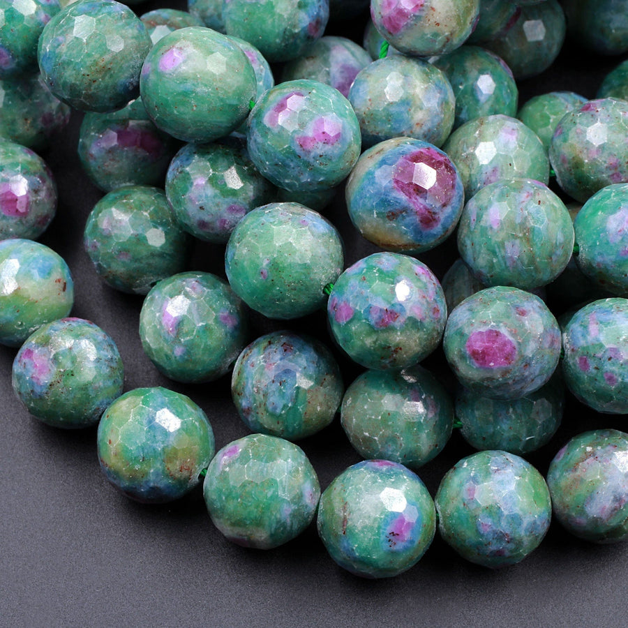 Faceted Natural Ruby Fuchsite Round Beads 6mm 8mm 10mm 12mm 14mm Red Ruby Green Fuchsite Blue Kyanite Gemstone 15.5" Strand