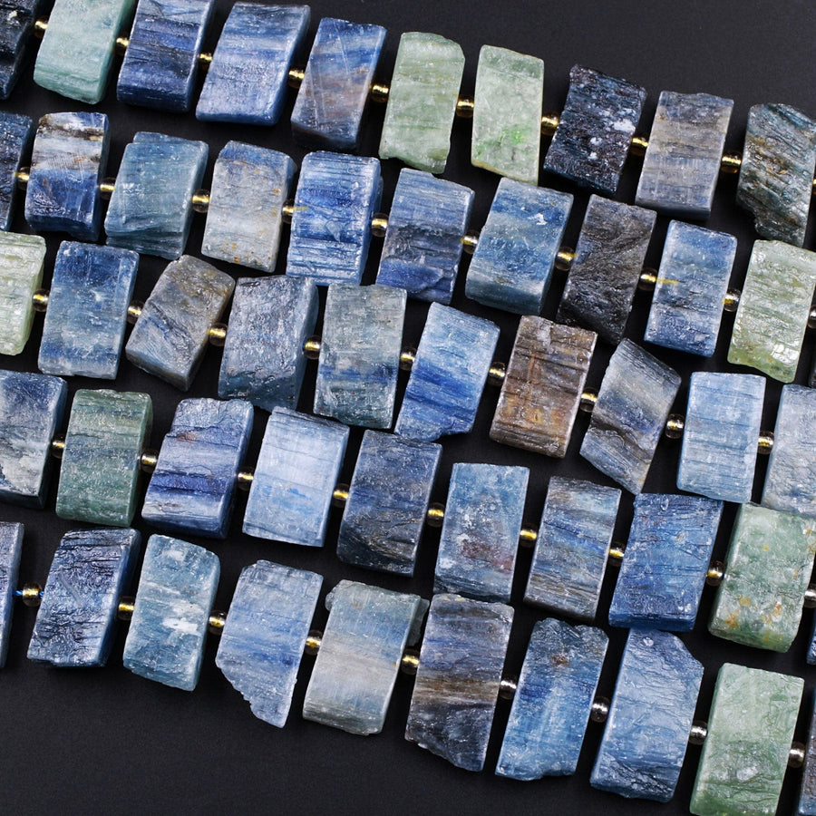 Raw Natural Blue Green Kyanite Rectangle Slice Beads Center Drilled Focal Pendant Quality Gemstone Rough Cut 15.5" Strand