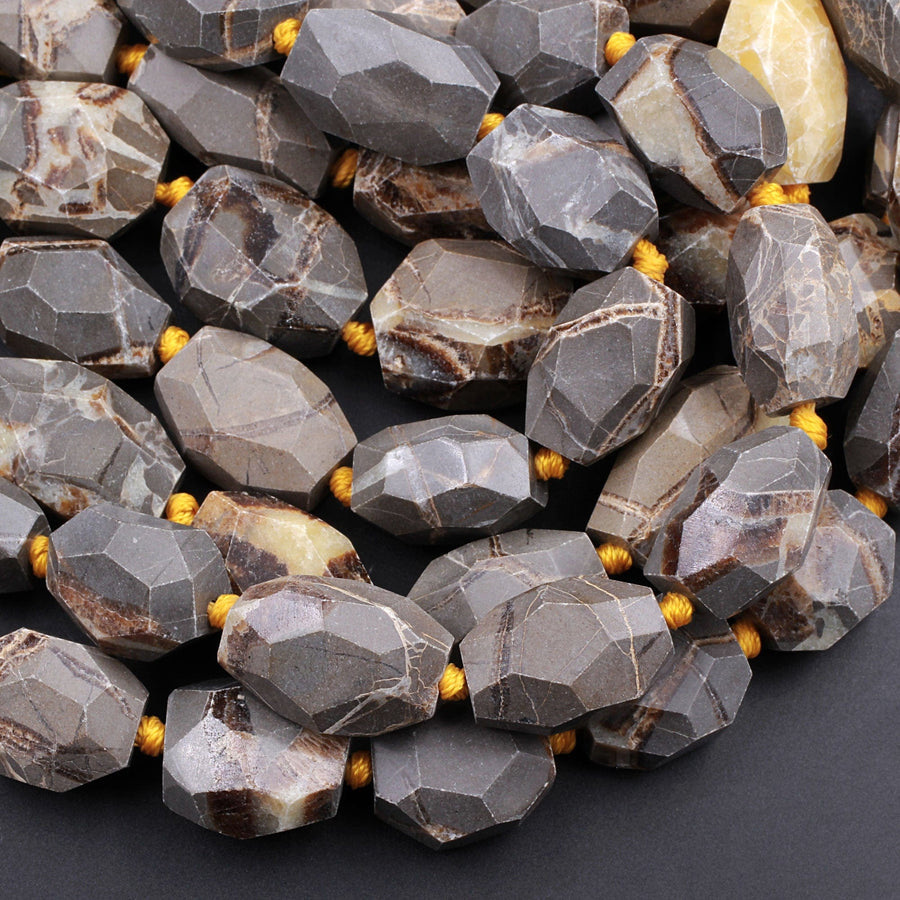 Natural Utah Septarian Beads Large Chunky Faceted Tube Barrel Nugget Irregular Freeform Nodule Yellow Brown Gray Jasper 16" Strand
