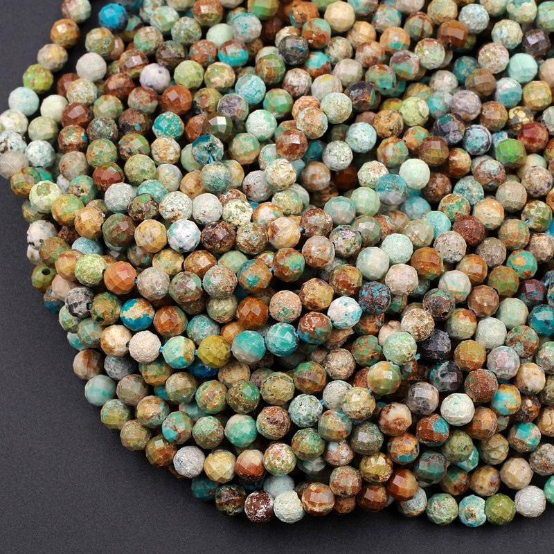 Natural Turquoise 4mm 5mm Faceted Round Beads Real Genuine Natural Brown Green Turquoise Micro Faceted Laser Diamond Cut 16" Strand