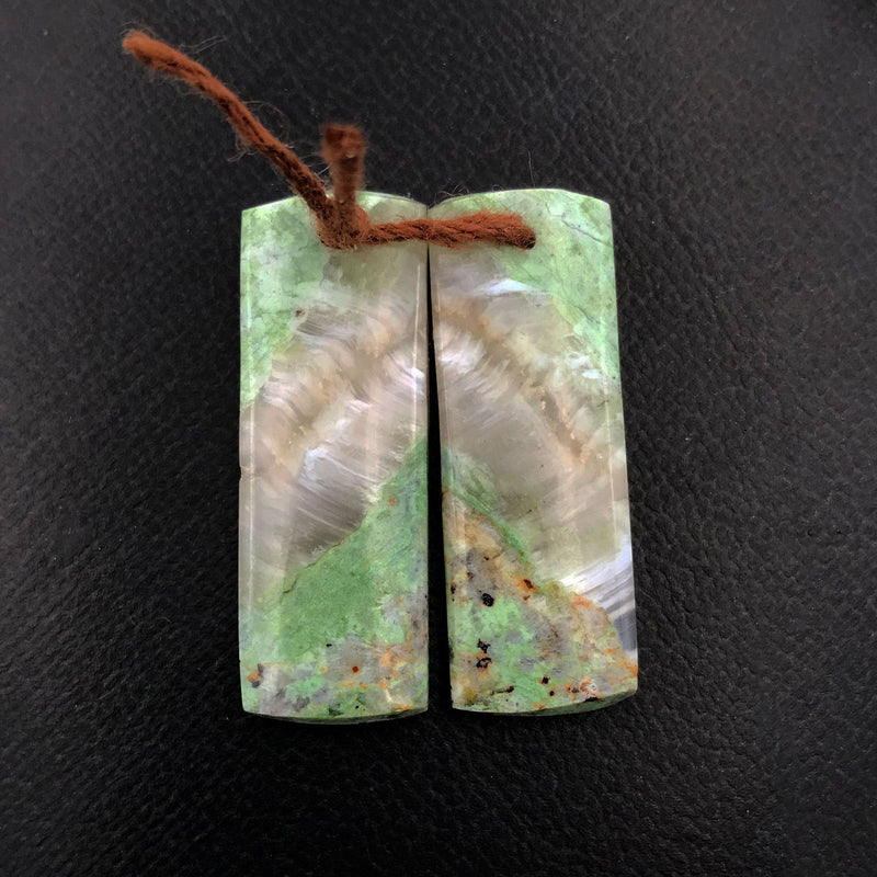 Natural African Green Chrysoprase Earring Pair Flat Short Rectangle Cabochon Cab Pair Drilled Matched Gemstone Bead Pair