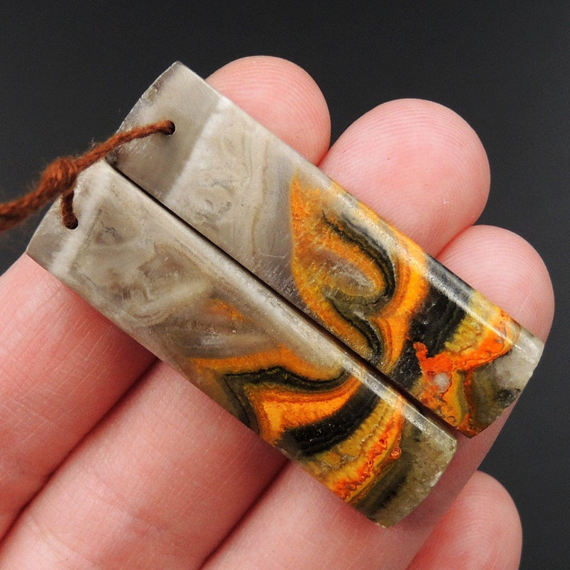 Natural Bumble Bee Jasper Rectangle Cabochon Cab Pair Drilled Matched Gemstone Beads Vibrant Orange Yellow Black Matrix