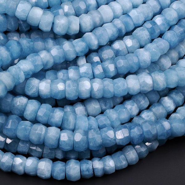 AAA Large Natural Aquamarine Faceted Rondelle 10mm Beads Intense Blue Color Faceted Saucer Wheel Real Genuine Aquamarine Gemstone 15.5" Strand