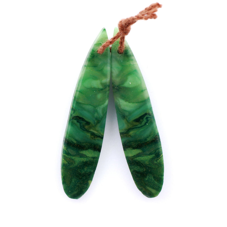 Natural African Green Jade Earring Pair Drilled Gemstone Earring Cabochon Cab Pair Thin Long Teardrop Matched Earring Bead Pair