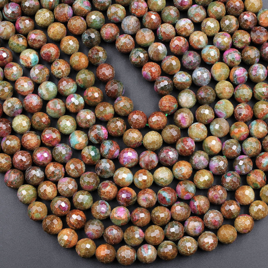 Natural Ruby Fuchsite Faceted 6mm 7mm 8mm Round Beads Red Ruby Brown Fuchsite Gemstone Fuschite 16" Strand