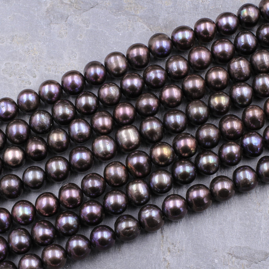 AAA Black Pearl 10mm Round Iridescent Real Genuine Freshwater Pearl 16" Strand