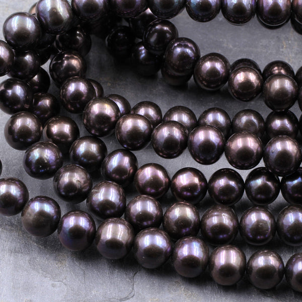 AAA Black Pearl 10mm Round Iridescent Real Genuine Freshwater Pearl 16" Strand
