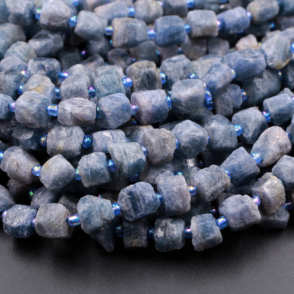 Raw Organic Natural Blue Sapphire Nugget Beads Hand Hammered Genuine Sapphire Gemstone 16" Strand