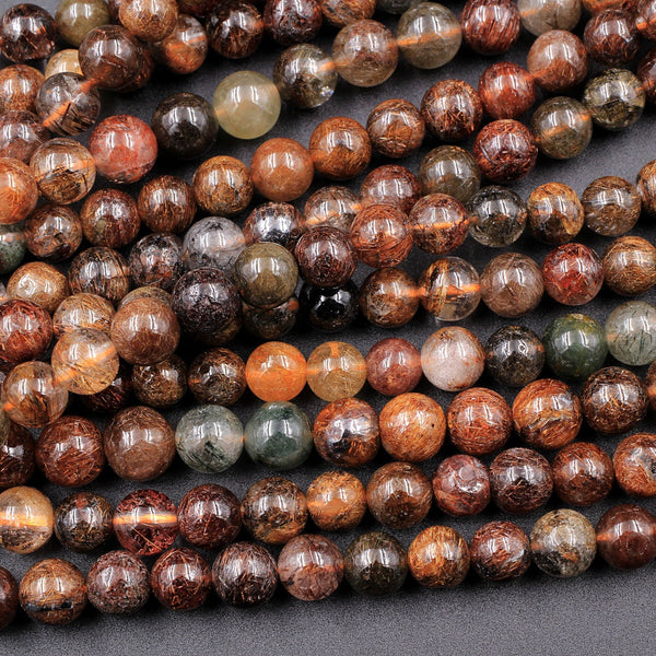 Multicolor Natural Deep Dark Red Brown Coffee Green Rutile Quartz 5mm 6mm Round Beads 16" Strand