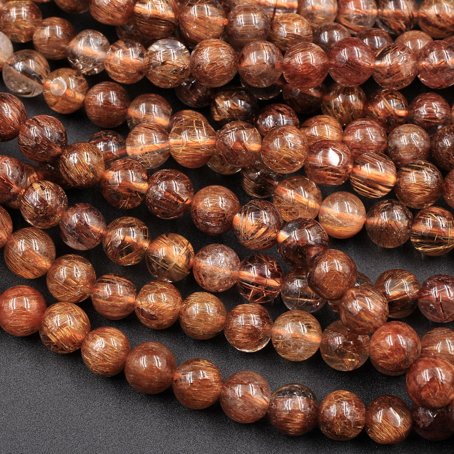 Natural Golden Red Rutile Quartz Round Beads 5mm 6mm 16" Strand
