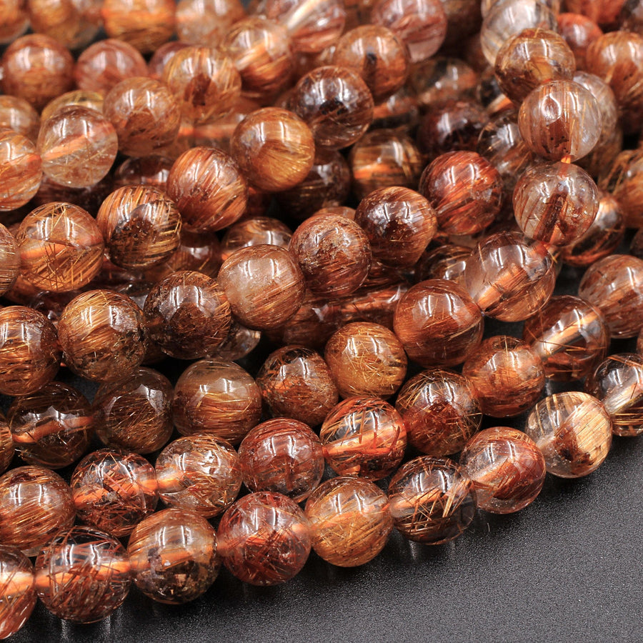 Natural Golden Red Rutile Quartz Round Beads 5mm 6mm 16" Strand