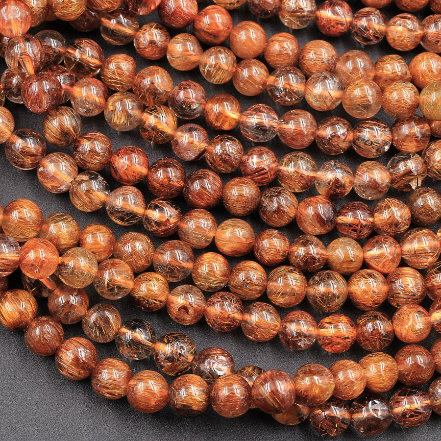 Natural Golden Red Rutile Quartz Round Beads 5mm 6mm 16" Strand