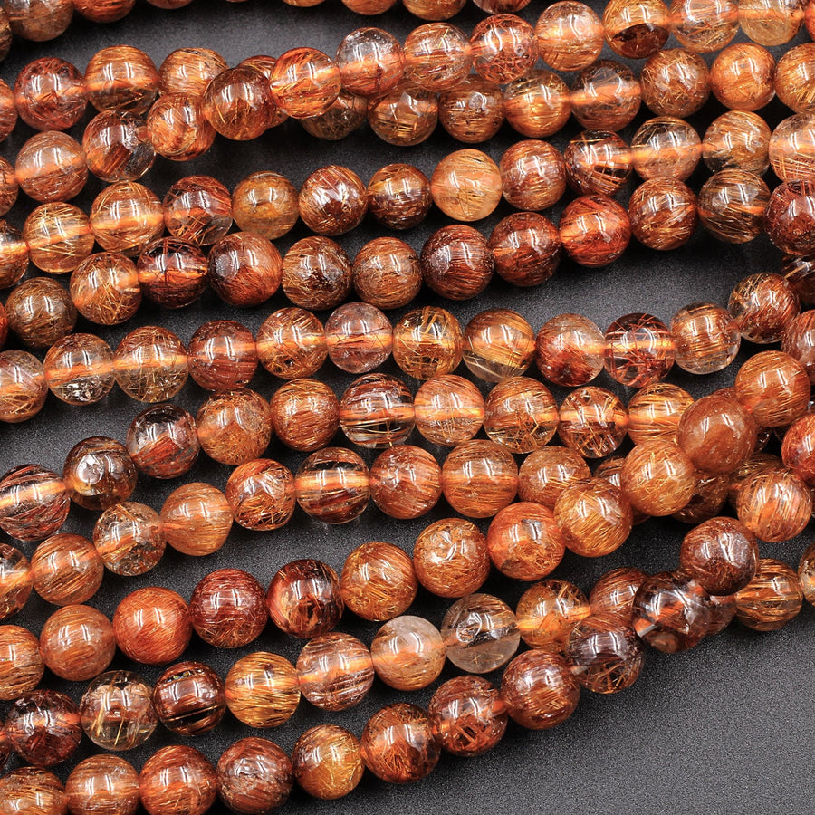 Natural Golden Red Rutile Quartz Round Beads 5mm 6mm 16" Strand