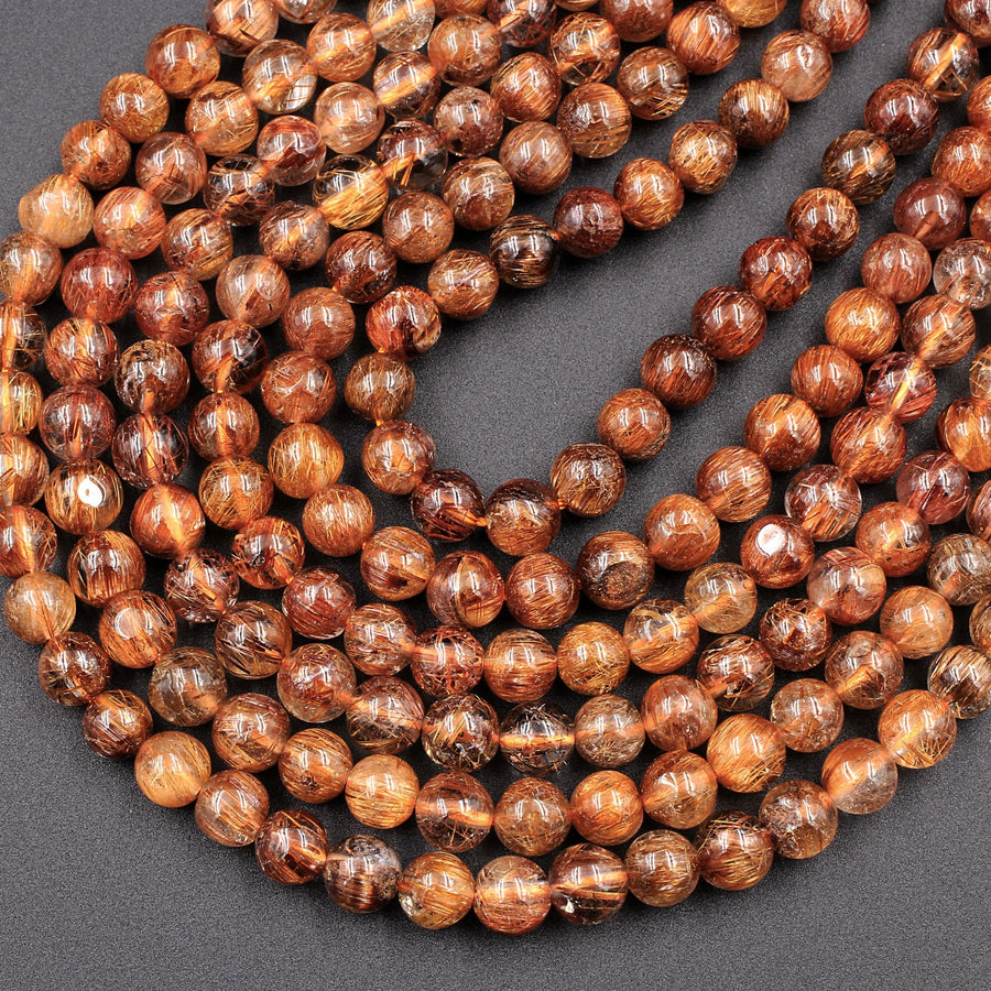 Natural Golden Red Rutile Quartz Round Beads 5mm 6mm 16" Strand