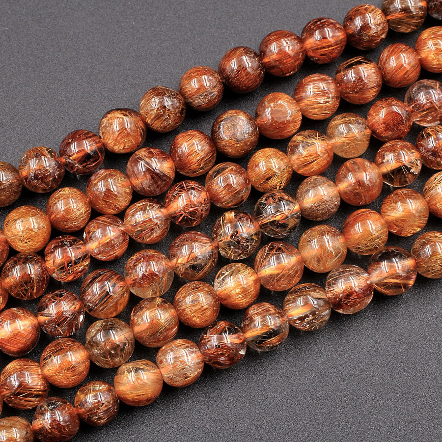 Natural Golden Red Rutile Quartz Round Beads 5mm 6mm 16" Strand